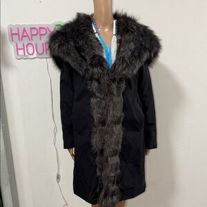 Donna Salyers FABULOUS FURS Women's Black Faux Fur Trim Coat with Hoodie